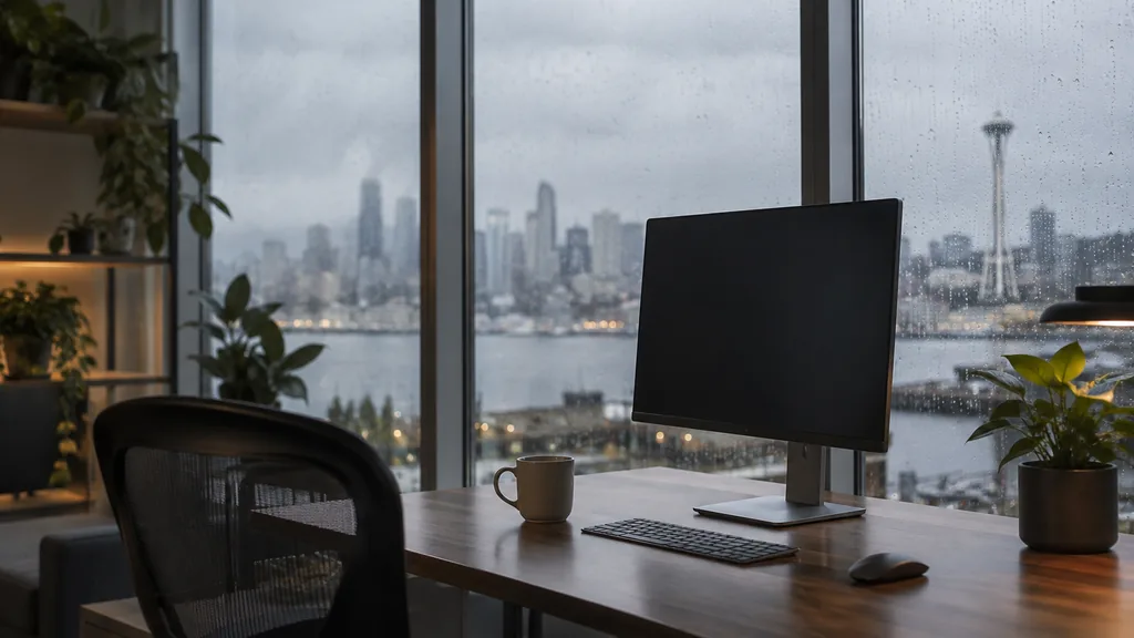 An empty workspace in a Pacific Northwest media-buying studio with rain on a tall window, an empty desk, one dark monitor and a ceramic cup in grey morning light