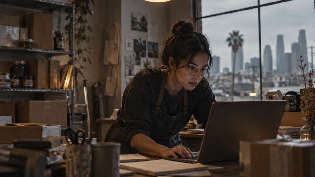 A small-business owner in an apron leaning over a laptop on a cluttered back-office desk late in the day, photographed in Los Angeles
