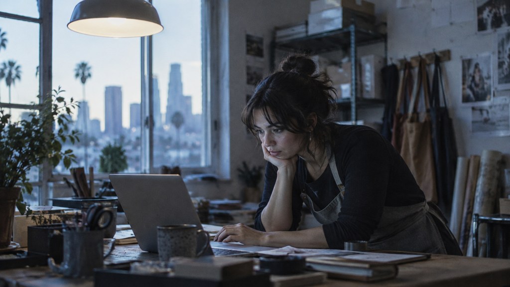 A small-business owner in an apron leaning over a laptop on a cluttered back-office desk late in the day, photographed in Los Angeles