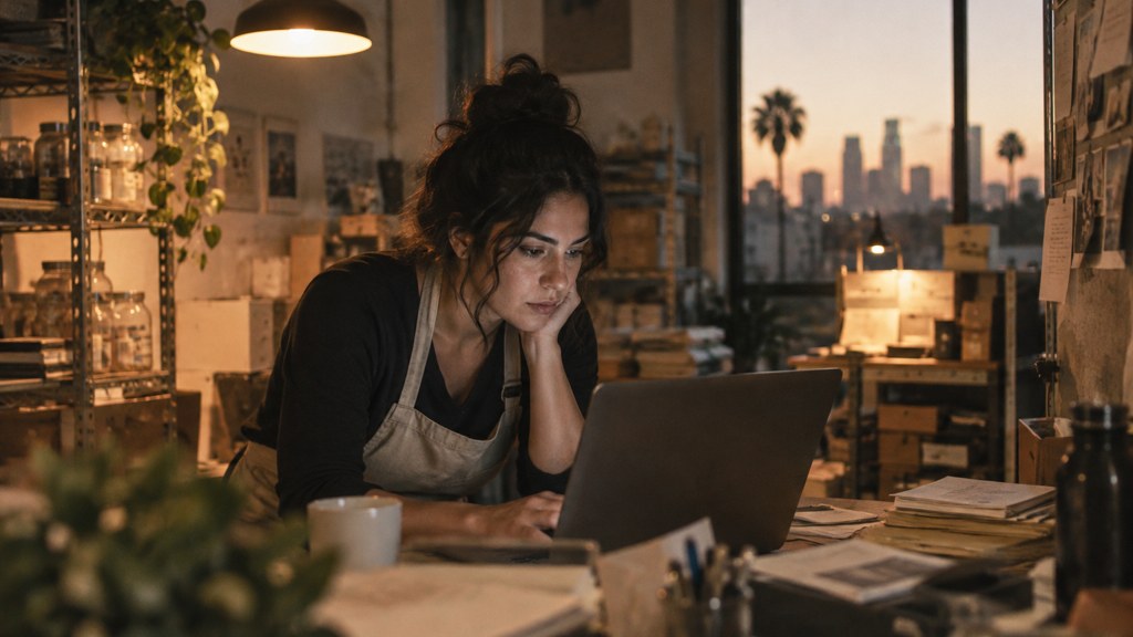 A small-business owner in an apron leaning over a laptop on a cluttered back-office desk late in the day, photographed in Los Angeles
