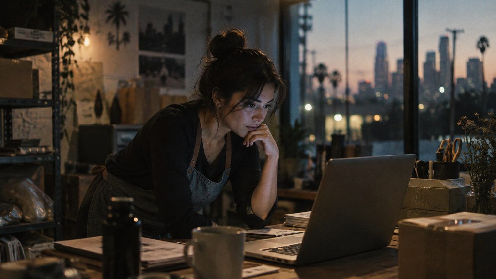 A small-business owner in an apron leaning over a laptop on a cluttered back-office desk late in the day, photographed in Los Angeles