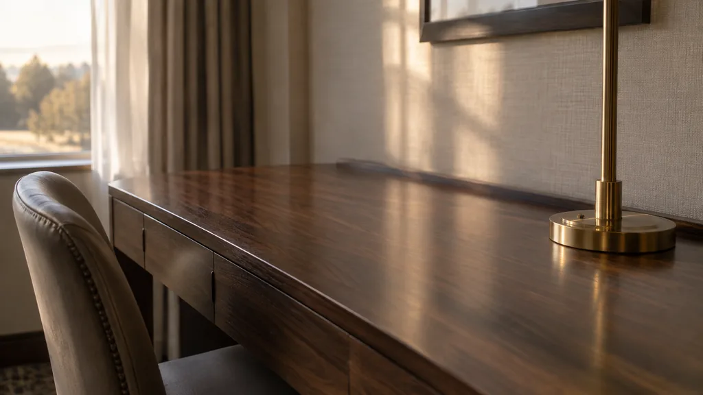 An empty workspace: an empty hotel writing desk of dark walnut with one bare brass lamp base in soft late afternoon light