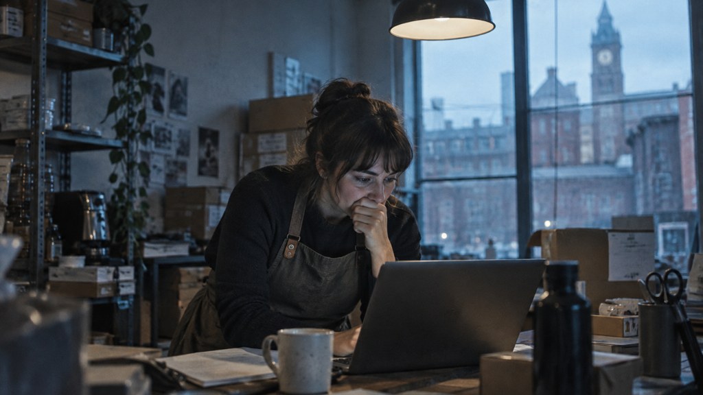 A small-business owner in an apron leaning over a laptop on a cluttered back-office desk late in the day, photographed in Manchester