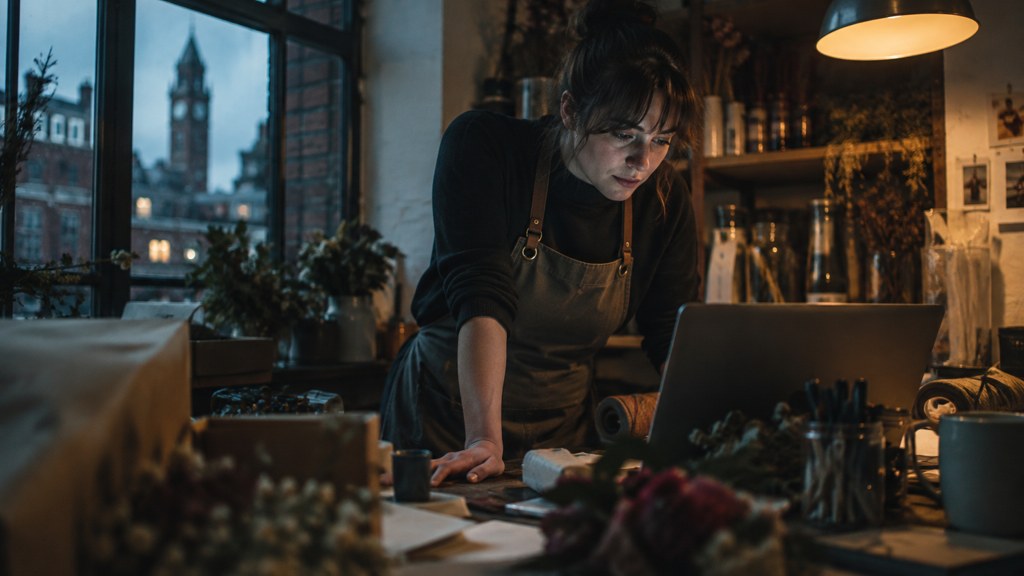 A small-business owner in an apron leaning over a laptop on a cluttered back-office desk late in the day, photographed in Manchester