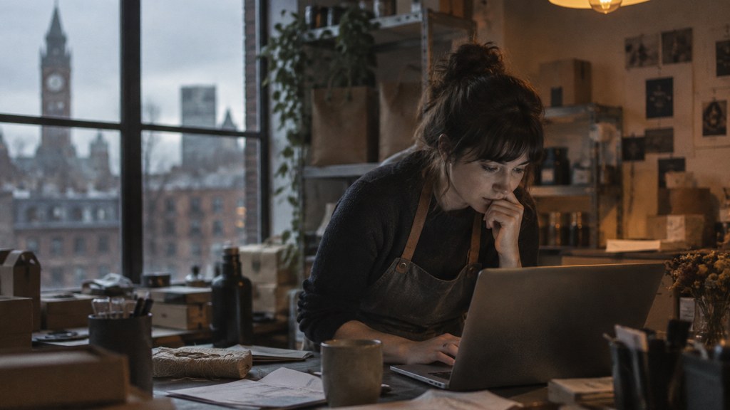 A small-business owner in an apron leaning over a laptop on a cluttered back-office desk late in the day, photographed in Manchester