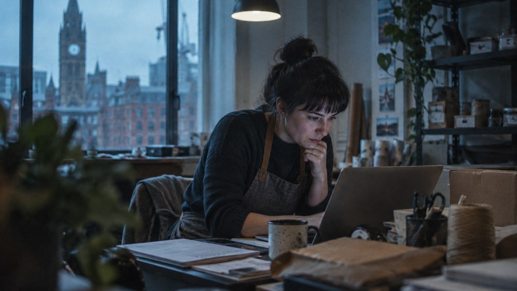 A small-business owner in an apron leaning over a laptop on a cluttered back-office desk late in the day, photographed in Manchester