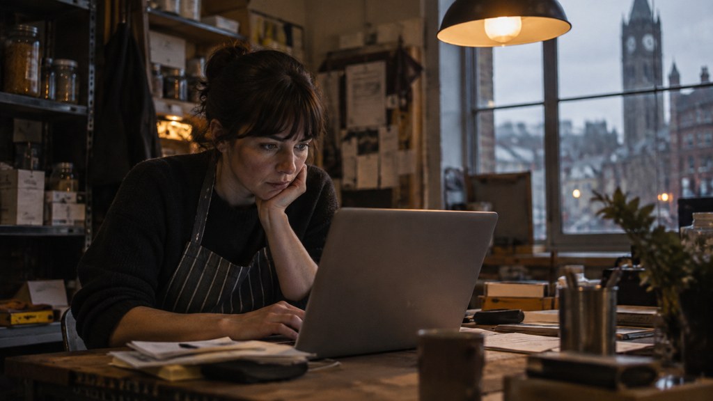 A small-business owner in an apron leaning over a laptop on a cluttered back-office desk late in the day, photographed in Manchester