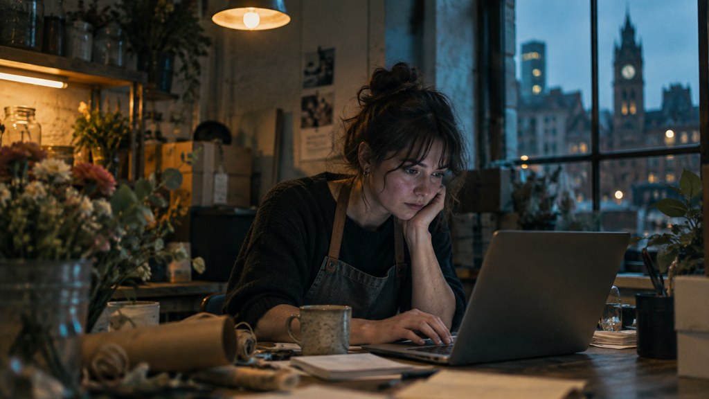 A small-business owner in an apron leaning over a laptop on a cluttered back-office desk late in the day, photographed in Manchester