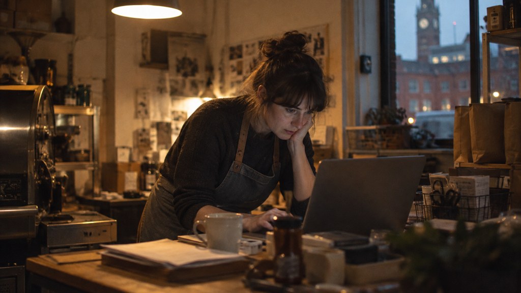 A small-business owner in an apron leaning over a laptop on a cluttered back-office desk late in the day, photographed in Manchester