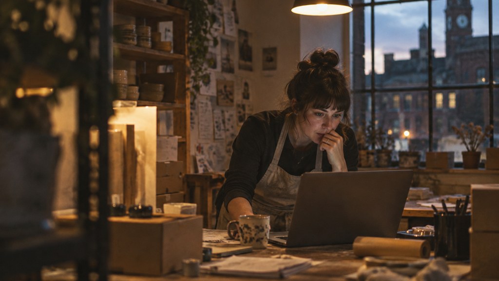 A small-business owner in an apron leaning over a laptop on a cluttered back-office desk late in the day, photographed in Manchester