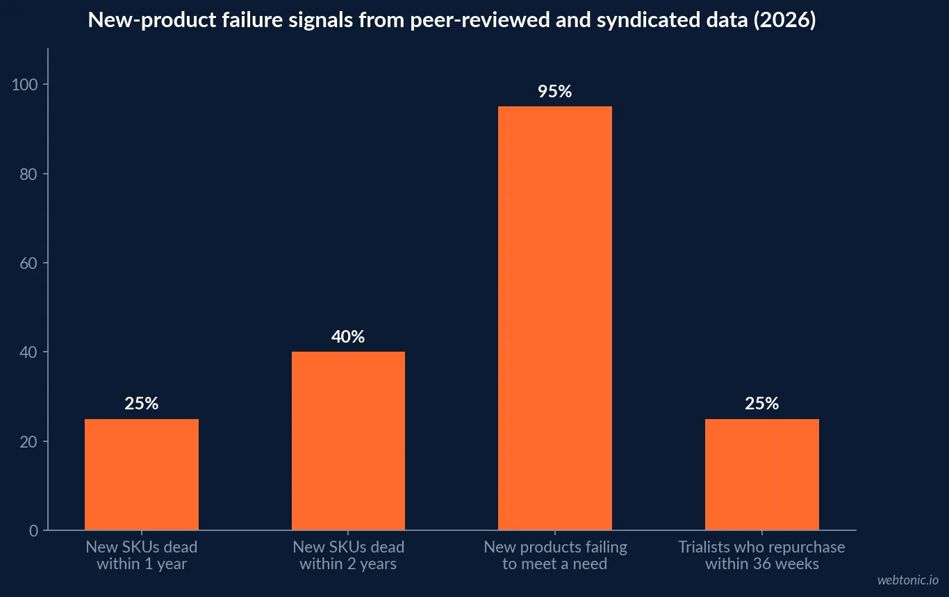 Bar chart comparing new product and SKU failure signals in 2026, showing 25 percent of new SKUs dead within one year, 40 percent within two years, 95 percent of need-mismatched products failing, and 25 percent repurchase rate among trialists