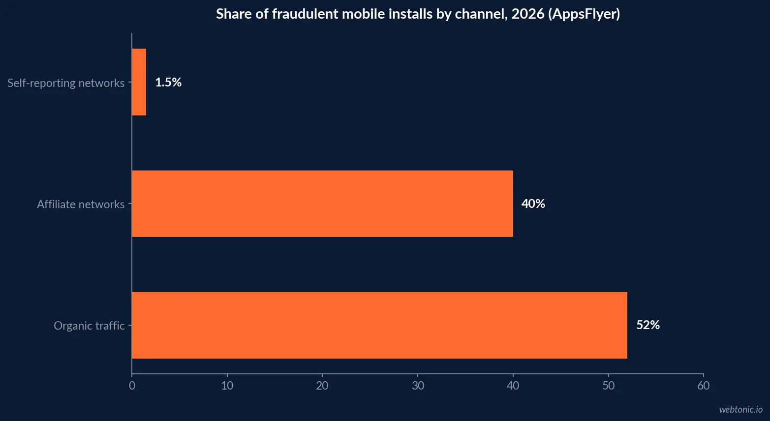Horizontal bar chart of mobile ad fraud channel share in 2026, showing organic traffic at 52 percent, affiliate channels near 40 percent and self-reporting networks at 1.5 percent of fraudulent mobile installs, per AppsFlyer's State of Fraud for Marketers 2026