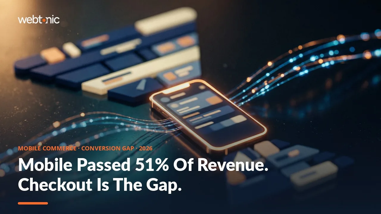 Mobile commerce trend statistics 2026 thumbnail showing mobile ecommerce revenue share crossing 51.3 percent while mobile traffic share sits at 72.4 percent