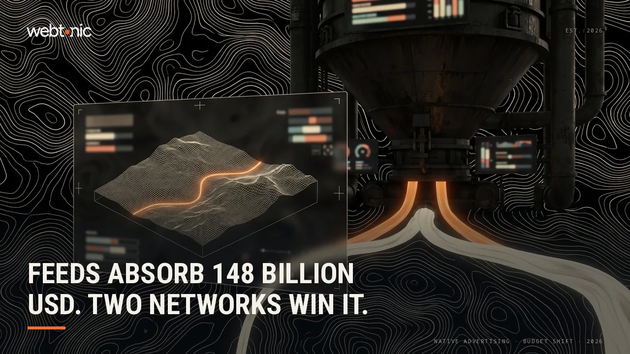 Native advertising budget statistics 2026 thumbnail showing US native display ad spend forecast at 147.98 billion dollars against Taboola's 157,727 captured live creatives leading the network field