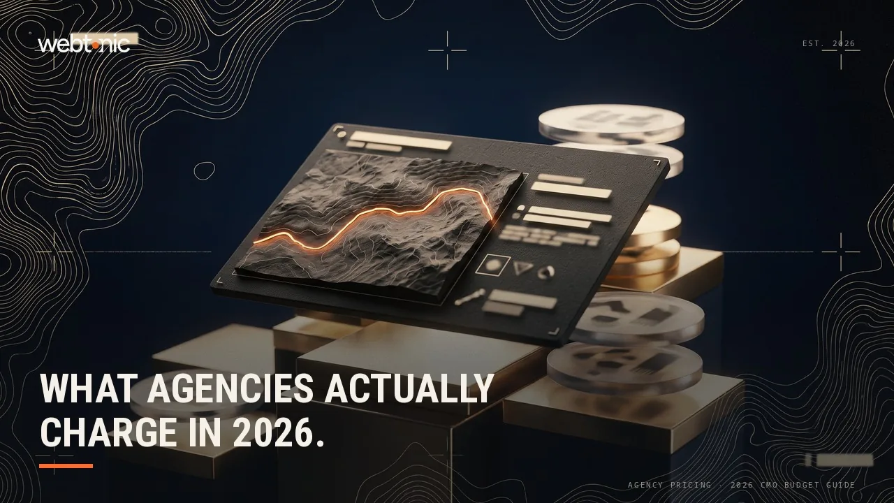 Agency pricing statistics 2026 thumbnail showing a median hourly rate of USD 185 and marketing agencies defaulting to retainers 45 percent of the time
