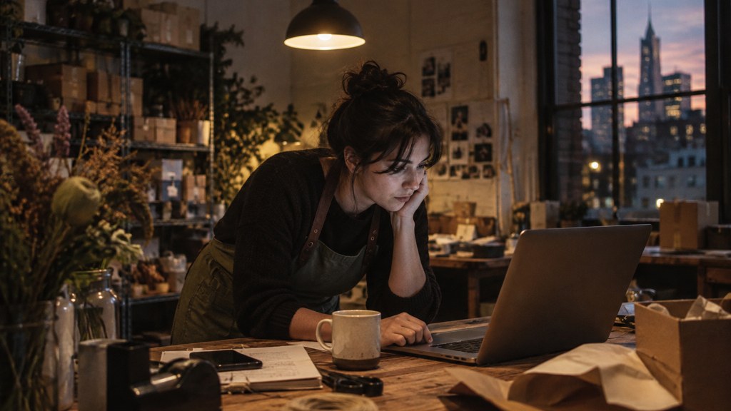 A small-business owner in an apron leaning over a laptop on a cluttered back-office desk late in the day, photographed in Melbourne
