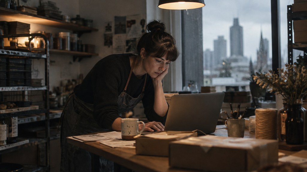 A small-business owner in an apron leaning over a laptop on a cluttered back-office desk late in the day, photographed in Melbourne