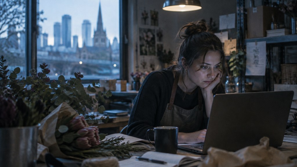 A small-business owner in an apron leaning over a laptop on a cluttered back-office desk late in the day, photographed in Melbourne