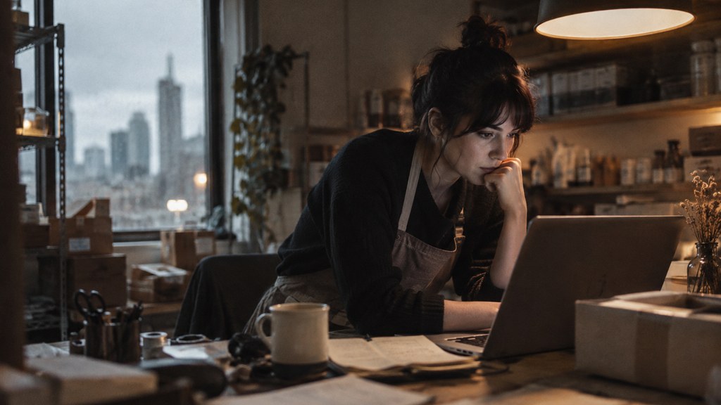 A small-business owner in an apron leaning over a laptop on a cluttered back-office desk late in the day, photographed in Melbourne