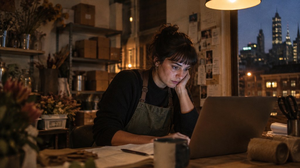 A small-business owner in an apron leaning over a laptop on a cluttered back-office desk late in the day, photographed in Melbourne