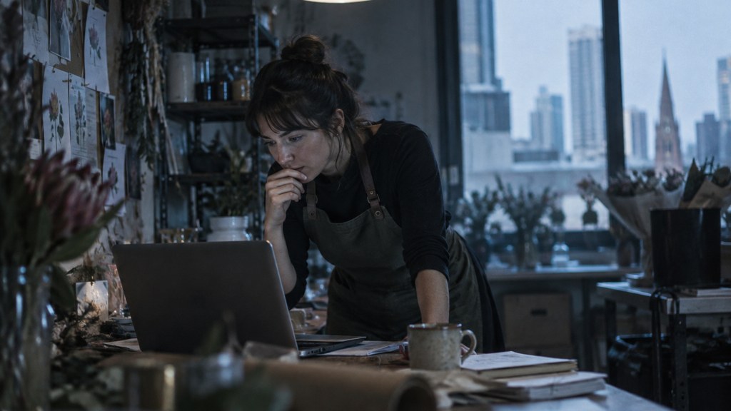 A small-business owner in an apron leaning over a laptop on a cluttered back-office desk late in the day, photographed in Melbourne