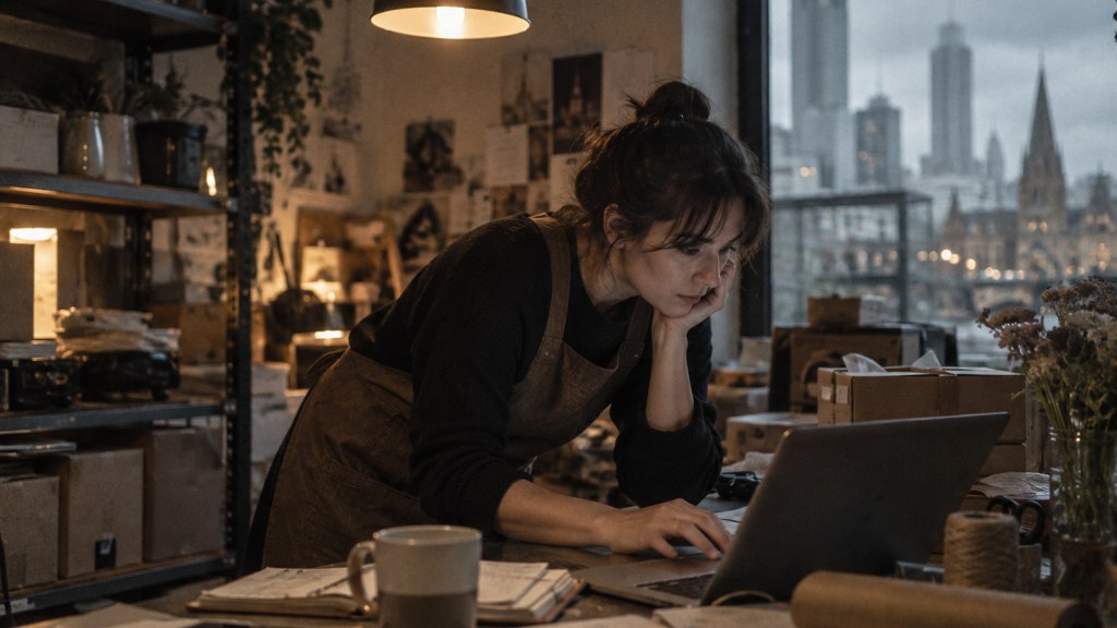 A small-business owner in an apron leaning over a laptop on a cluttered back-office desk late in the day, photographed in Melbourne