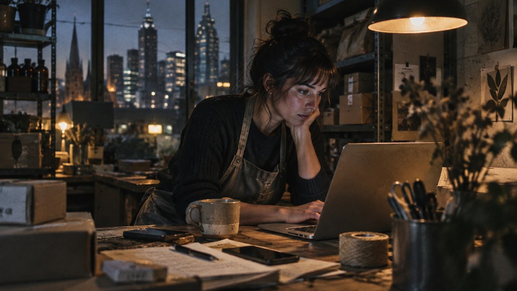 A small-business owner in an apron leaning over a laptop on a cluttered back-office desk late in the day, photographed in Melbourne