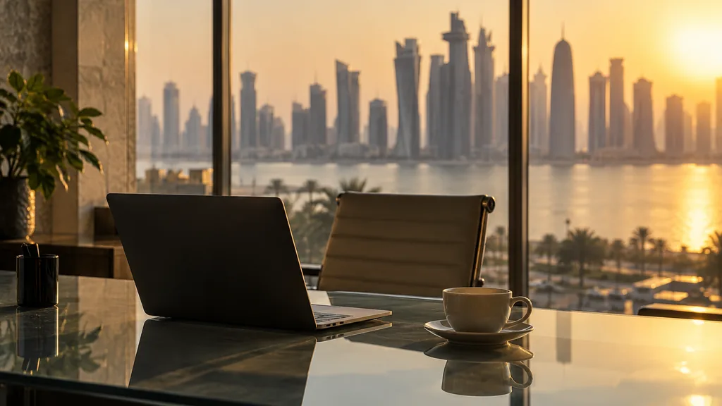 An empty workspace in a modern Doha office at golden hour, warm light across a glass desk with one dark laptop and an empty ceramic cup, tall windows with soft bokeh of a Gulf skyline