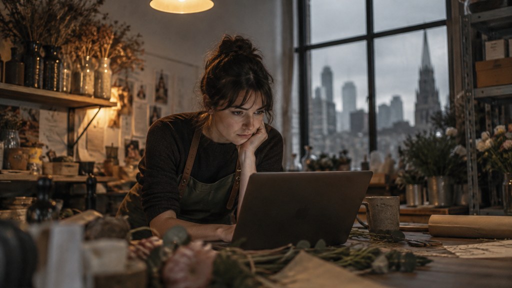 A small-business owner in an apron leaning over a laptop on a cluttered back-office desk late in the day, photographed in Melbourne