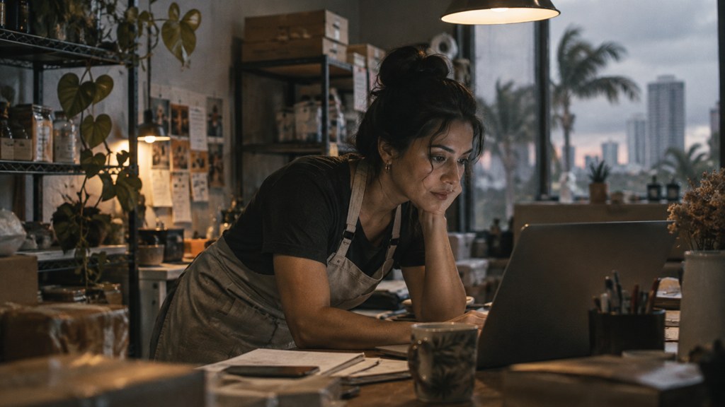 A small-business owner in an apron leaning over a laptop on a cluttered back-office desk late in the day, photographed in Miami