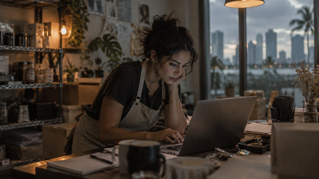 A small-business owner in an apron leaning over a laptop on a cluttered back-office desk late in the day, photographed in Miami