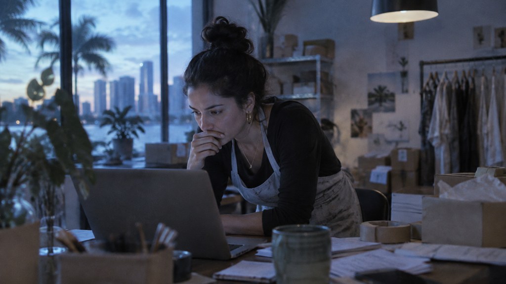 A small-business owner in an apron leaning over a laptop on a cluttered back-office desk late in the day, photographed in Miami