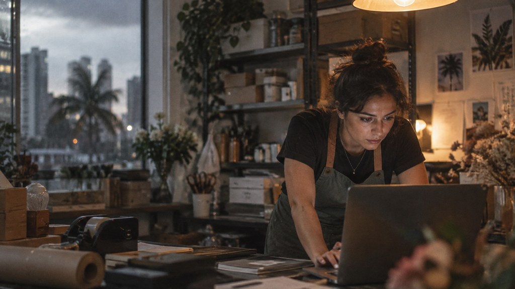 A small-business owner in an apron leaning over a laptop on a cluttered back-office desk late in the day, photographed in Miami