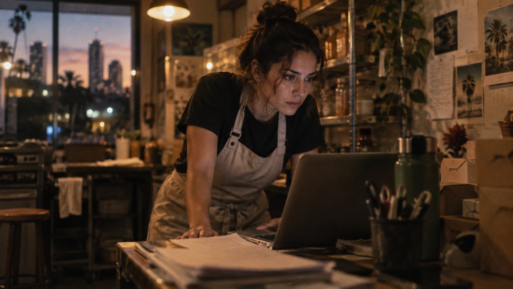A small-business owner in an apron leaning over a laptop on a cluttered back-office desk late in the day, photographed in Miami