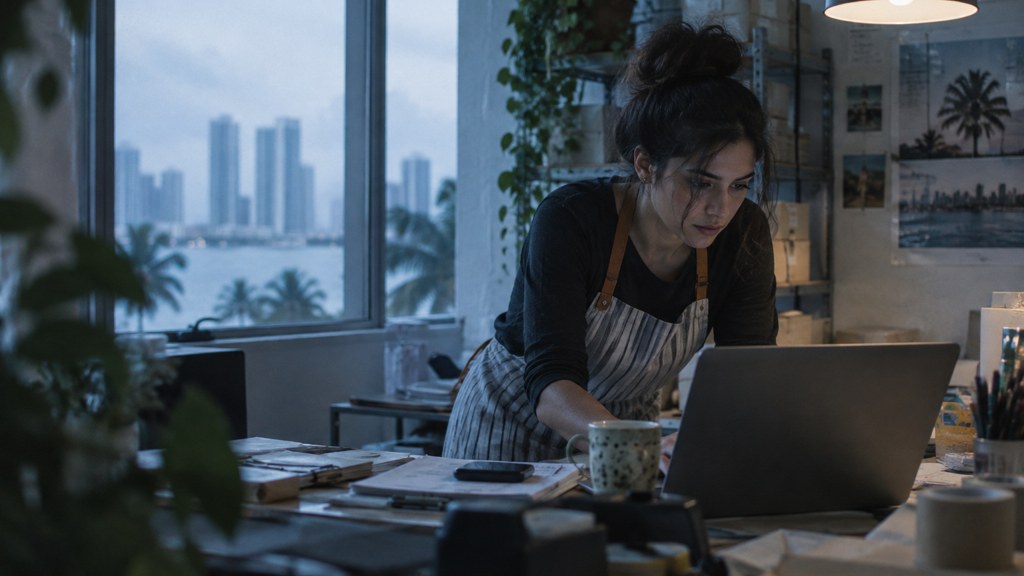 A small-business owner in an apron leaning over a laptop on a cluttered back-office desk late in the day, photographed in Miami