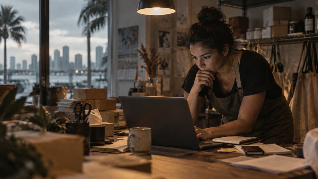 A small-business owner in an apron leaning over a laptop on a cluttered back-office desk late in the day, photographed in Miami
