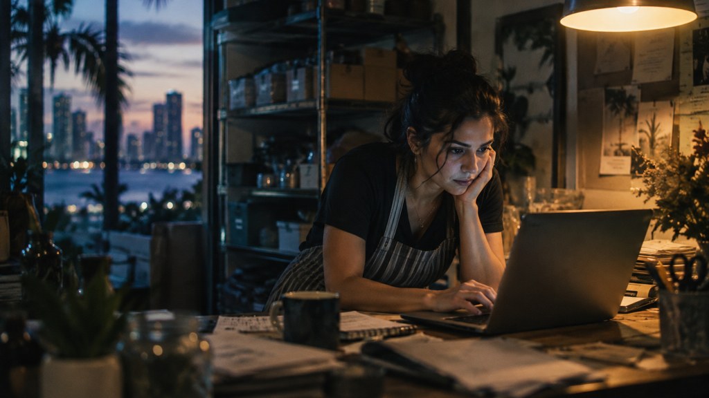 A small-business owner in an apron leaning over a laptop on a cluttered back-office desk late in the day, photographed in Miami