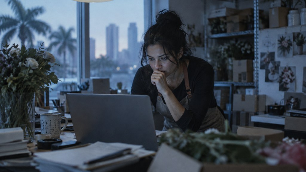 A small-business owner in an apron leaning over a laptop on a cluttered back-office desk late in the day, photographed in Miami