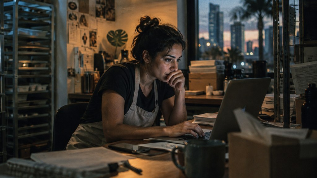 A small-business owner in an apron leaning over a laptop on a cluttered back-office desk late in the day, photographed in Miami