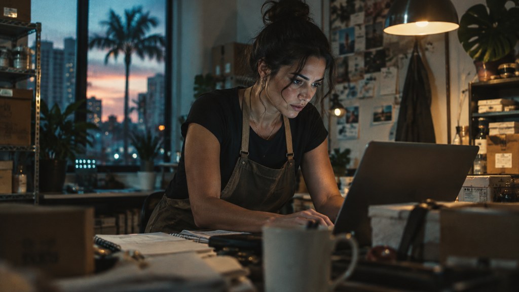 A small-business owner in an apron leaning over a laptop on a cluttered back-office desk late in the day, photographed in Miami