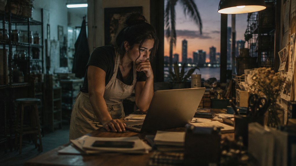 A small-business owner in an apron leaning over a laptop on a cluttered back-office desk late in the day, photographed in Miami