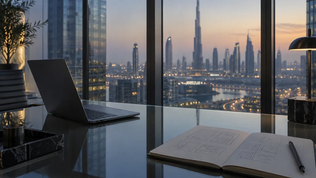 An empty workspace in a modern Dubai office at dusk, cool light across a glass desk with one dark laptop and a notebook of sketched page layouts, tall windows with soft bokeh of a Gulf skyline