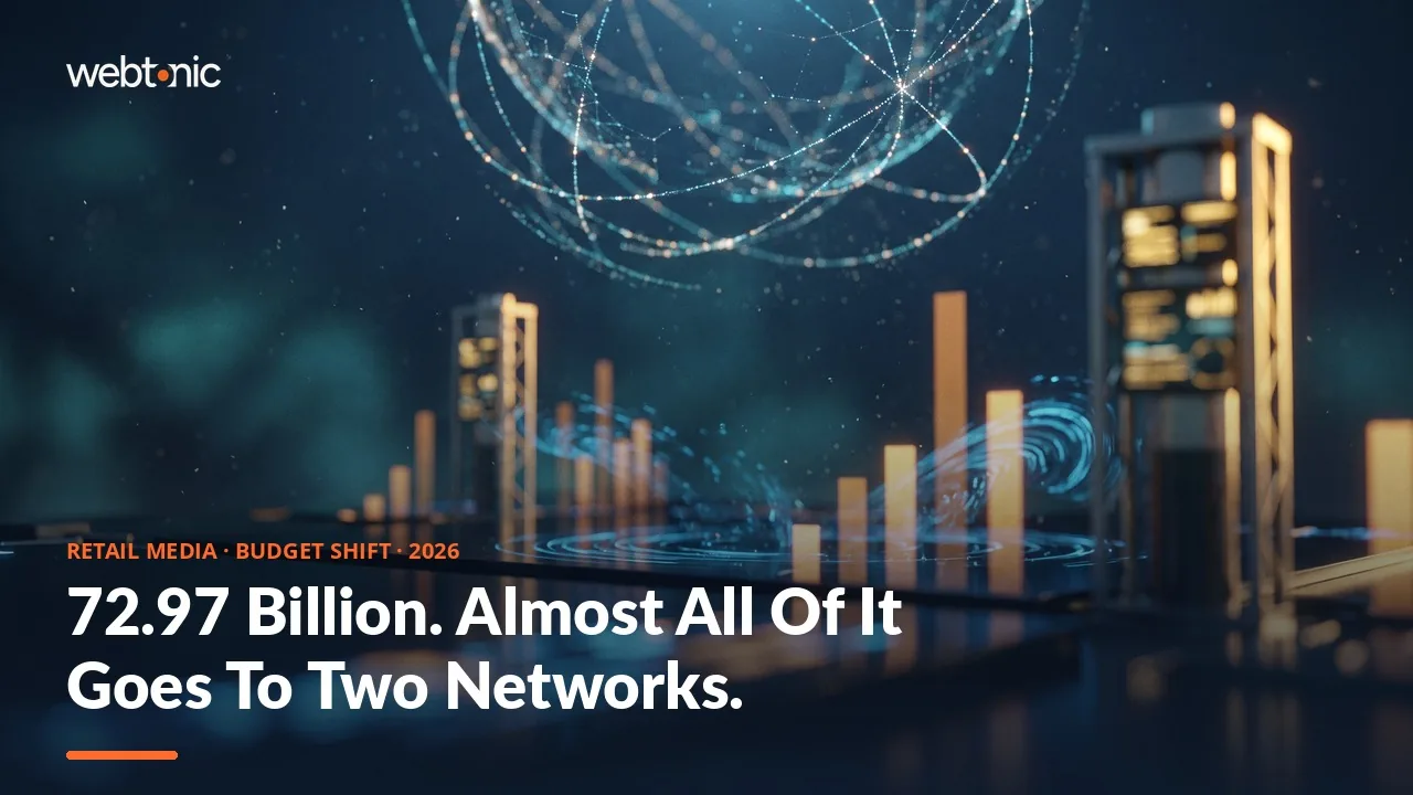 Retail media statistics 2026 thumbnail showing 72.97 billion dollars in US ad spend with Amazon and Walmart absorbing 89 percent of the year's growth