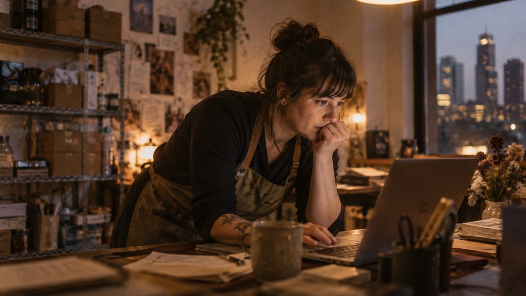 A small-business owner in an apron leaning over a laptop on a cluttered back-office desk late in the day, photographed in Minneapolis