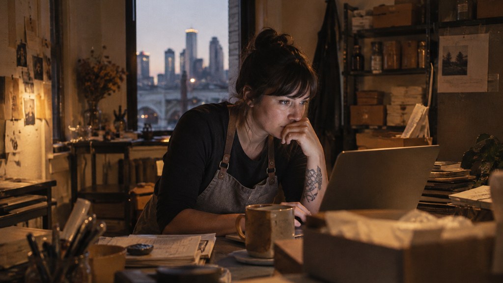 A small-business owner in an apron leaning over a laptop on a cluttered back-office desk late in the day, photographed in Minneapolis