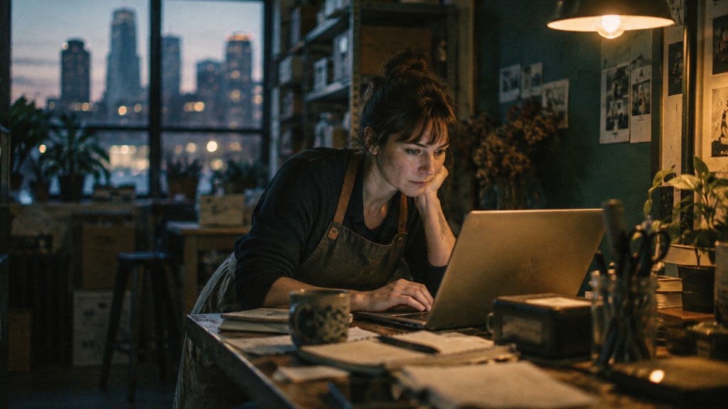 A small-business owner in an apron leaning over a laptop on a cluttered back-office desk late in the day, photographed in Minneapolis