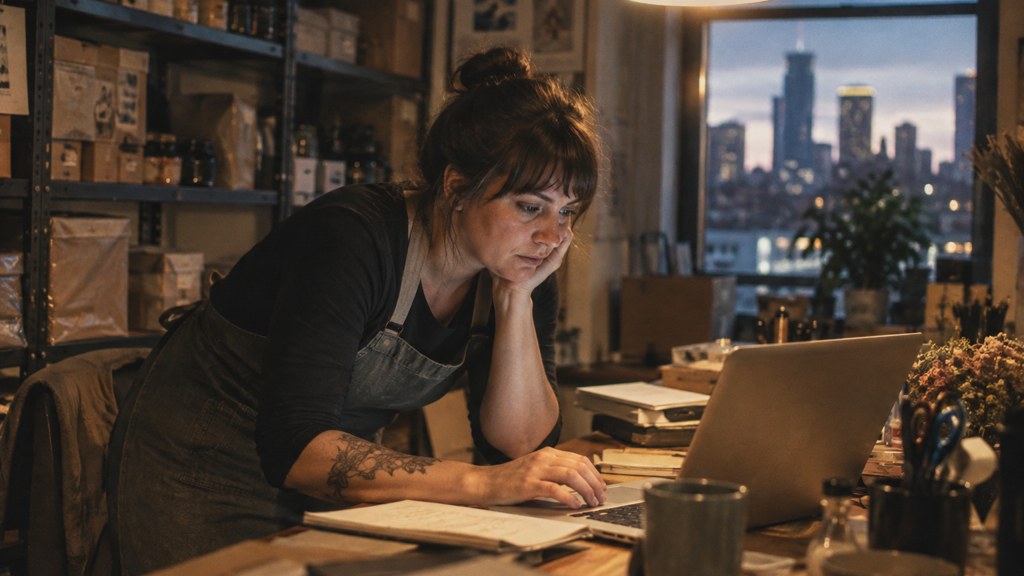 A small-business owner in an apron leaning over a laptop on a cluttered back-office desk late in the day, photographed in Minneapolis