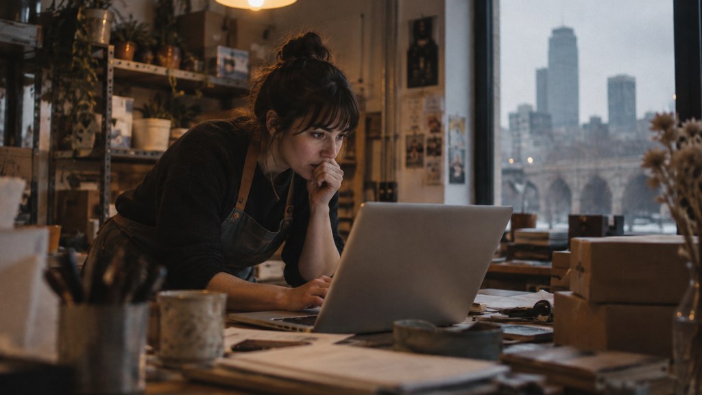 A small-business owner in an apron leaning over a laptop on a cluttered back-office desk late in the day, photographed in Minneapolis