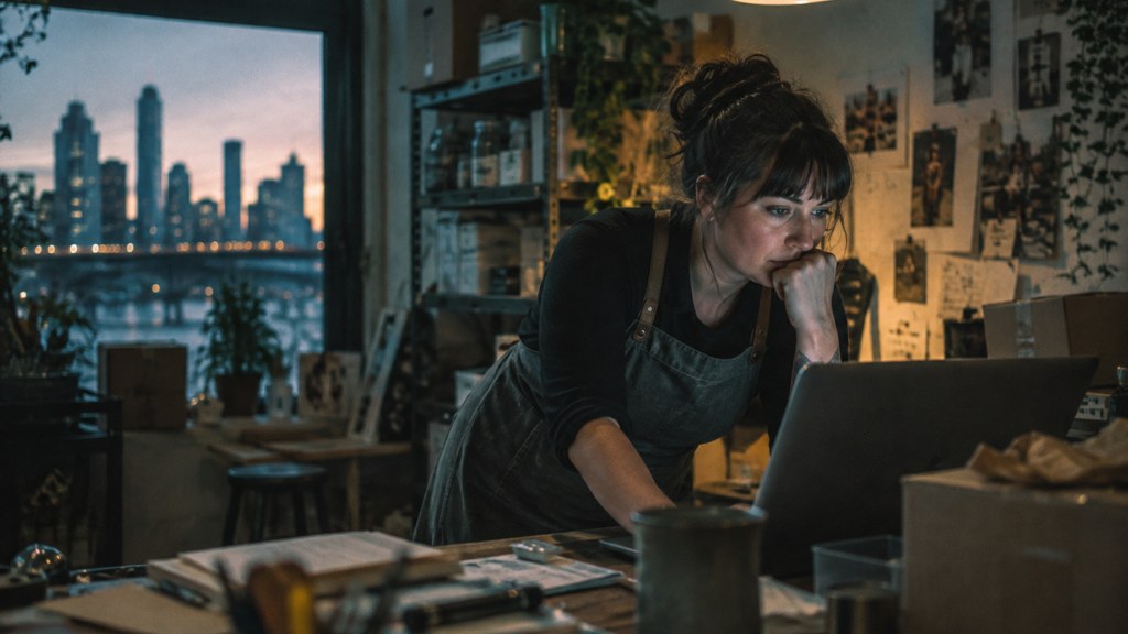 A small-business owner in an apron leaning over a laptop on a cluttered back-office desk late in the day, photographed in Minneapolis