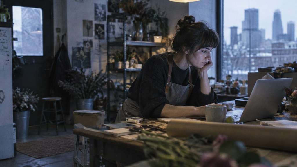 A small-business owner in an apron leaning over a laptop on a cluttered back-office desk late in the day, photographed in Minneapolis